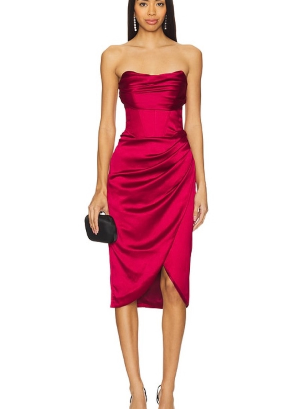 NWT Bardot Revolve Strapless Burgundy Jamila Corset Midi Satin Cocktail Dress